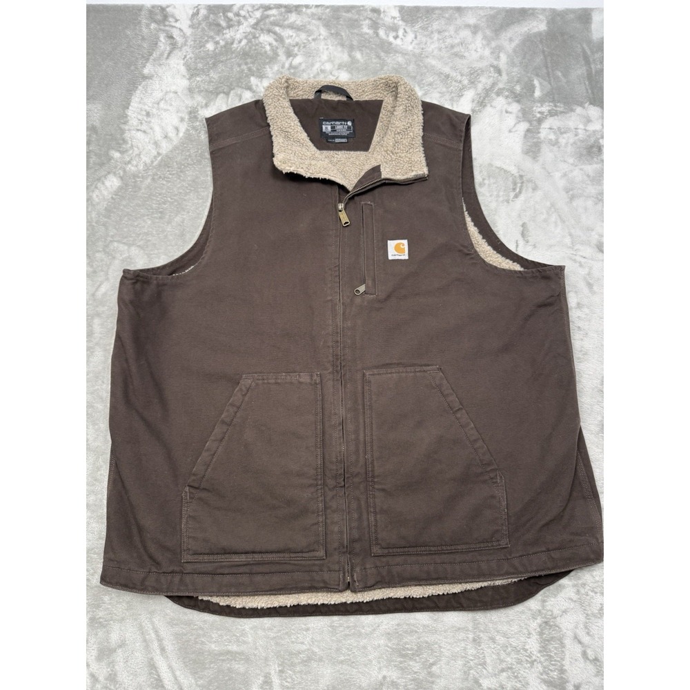 Carhartt Sherpa Vest Mens XLT XL Tall Brown Duck Canvas Lined Workwear Utility